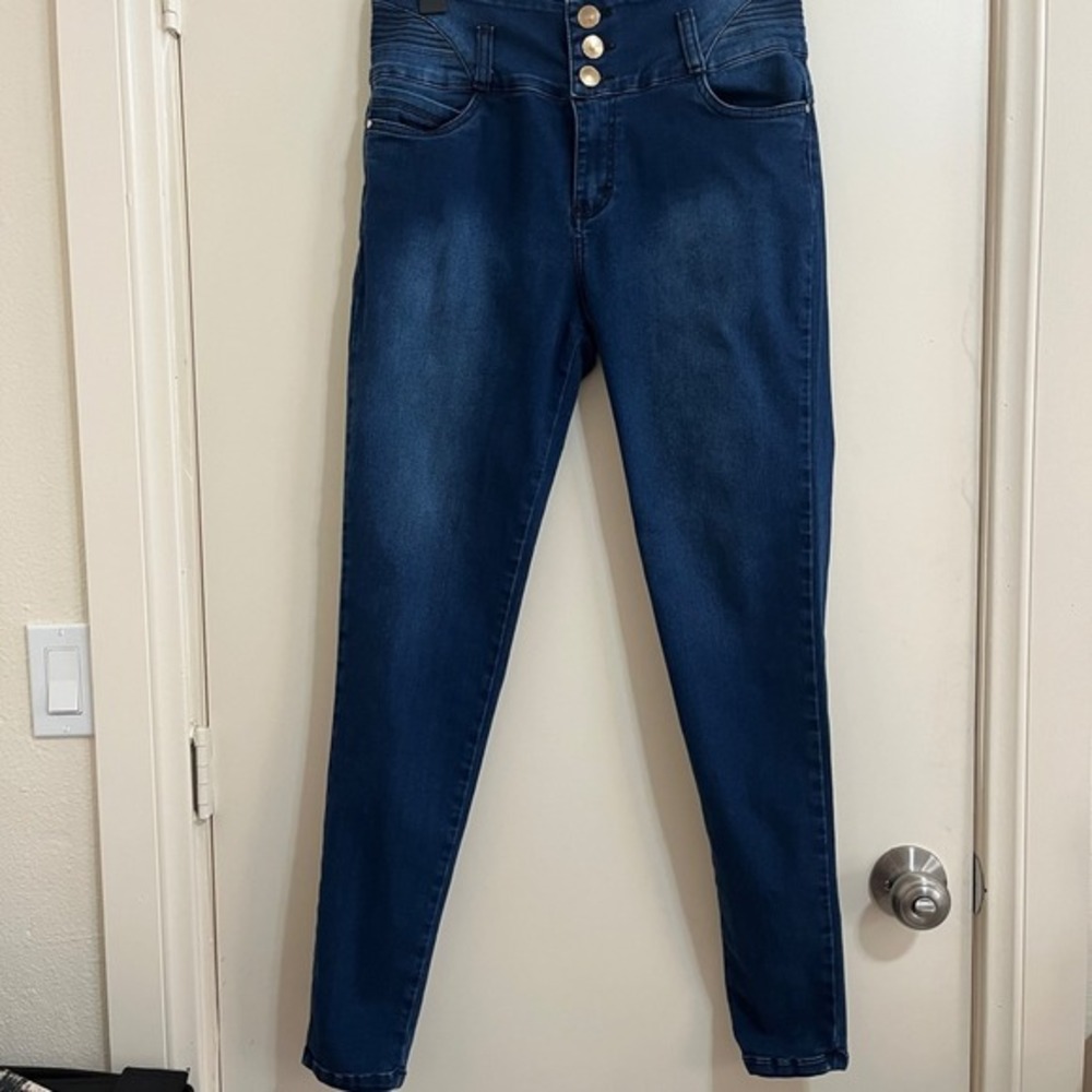 Womens High Rise Skinny Jeans 31 Blue‎ Stretch 4 Button Fly Casual Minimalist